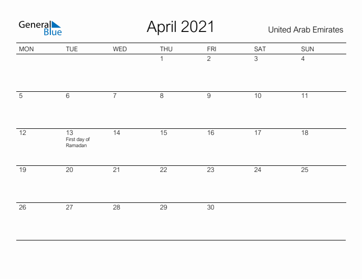 Printable April 2021 Calendar for United Arab Emirates