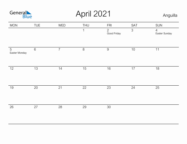 Printable April 2021 Calendar for Anguilla