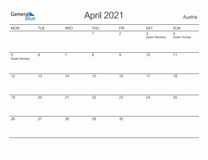 Printable April 2021 Calendar for Austria