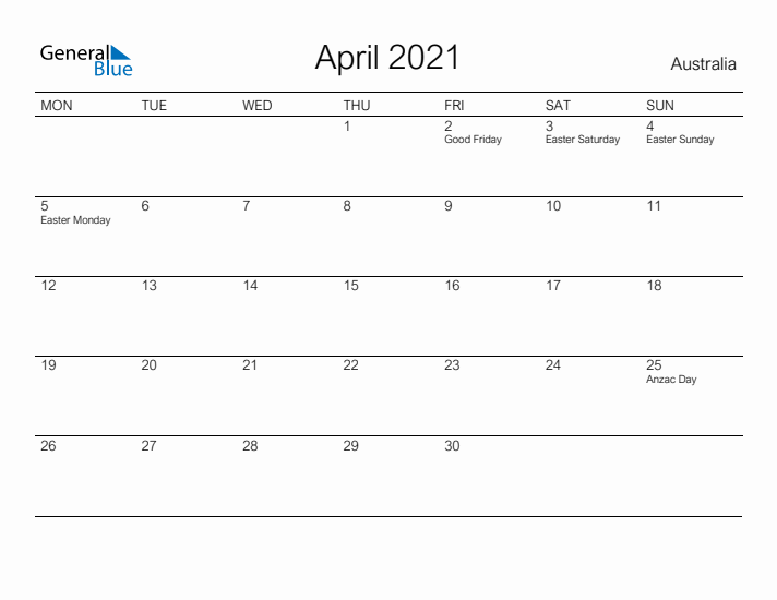 Printable April 2021 Calendar for Australia