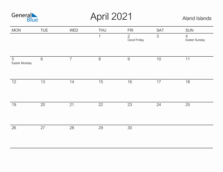 Printable April 2021 Calendar for Aland Islands