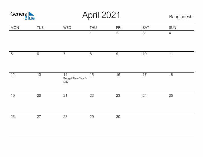 Printable April 2021 Calendar for Bangladesh