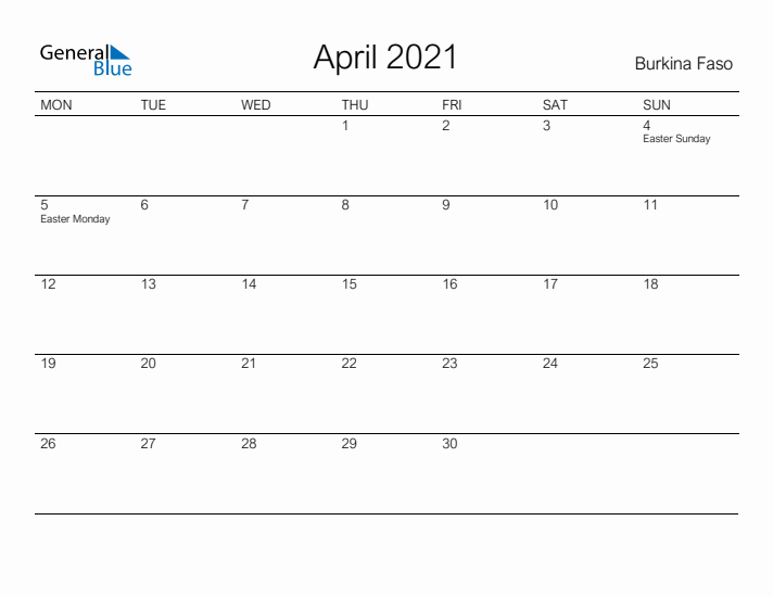 Printable April 2021 Calendar for Burkina Faso