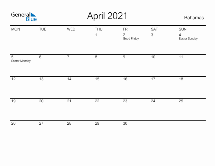 Printable April 2021 Calendar for Bahamas