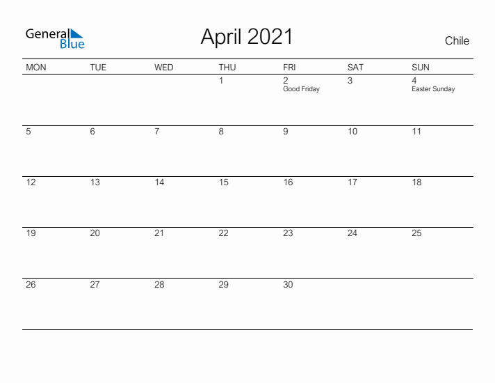 Printable April 2021 Calendar for Chile