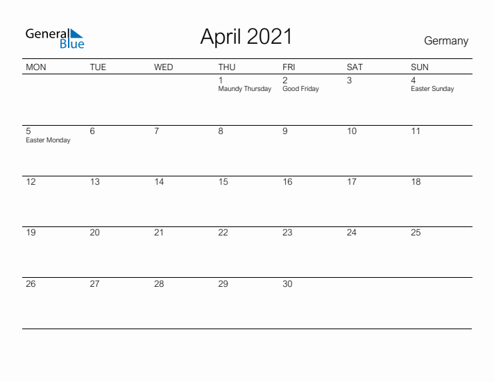 Printable April 2021 Calendar for Germany