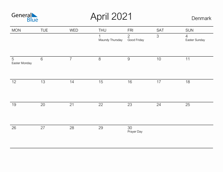 Printable April 2021 Calendar for Denmark