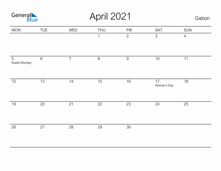 Printable April 2021 Calendar for Gabon