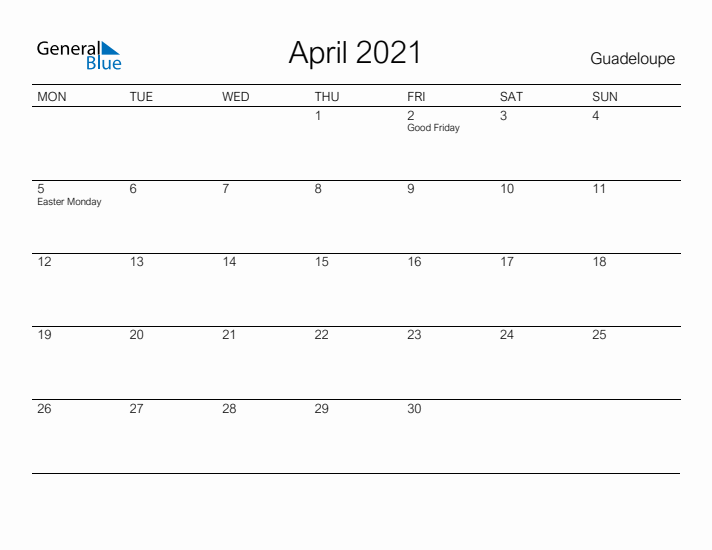 Printable April 2021 Calendar for Guadeloupe