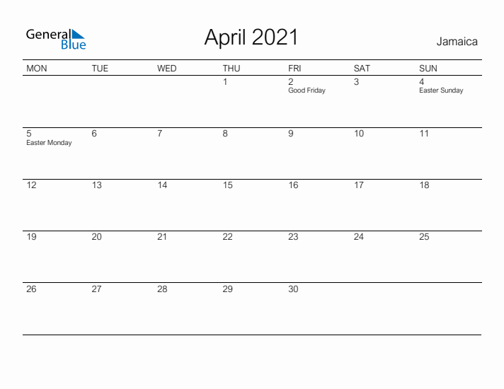 Printable April 2021 Calendar for Jamaica