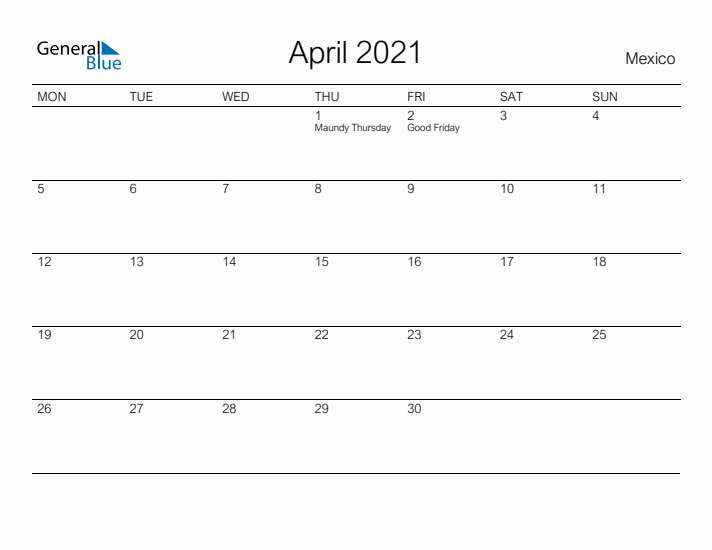 Printable April 2021 Calendar for Mexico