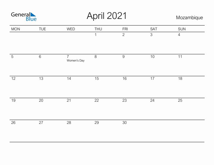 Printable April 2021 Calendar for Mozambique