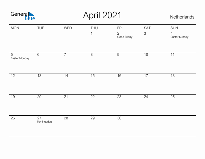 Printable April 2021 Calendar for The Netherlands