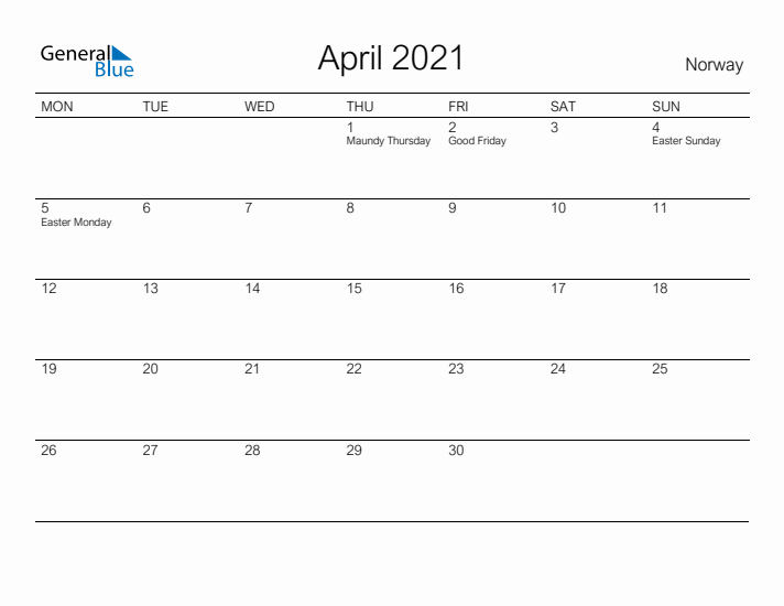 Printable April 2021 Calendar for Norway