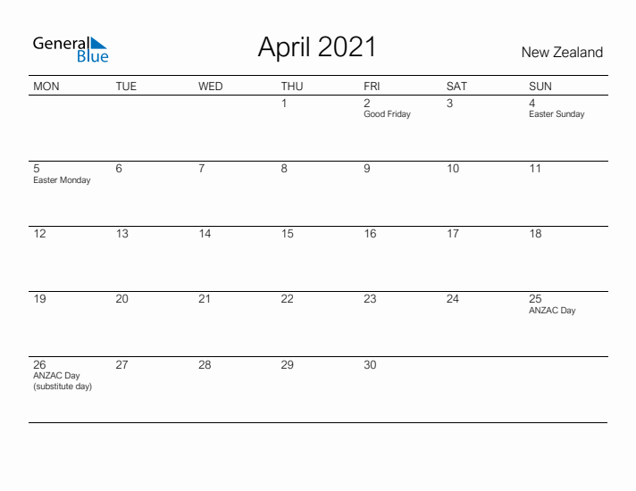 Printable April 2021 Calendar for New Zealand