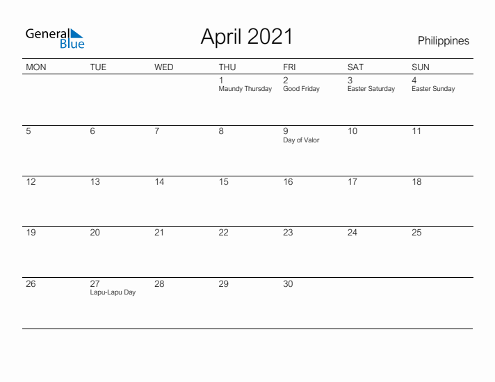 Printable April 2021 Calendar for Philippines