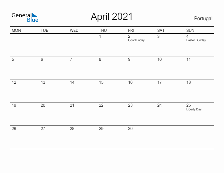 Printable April 2021 Calendar for Portugal