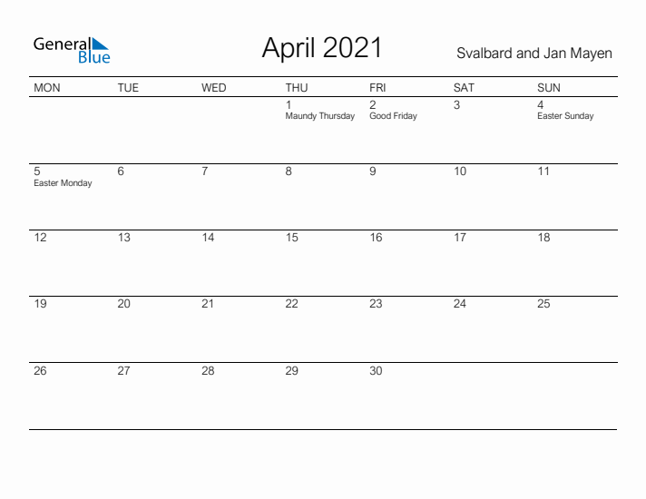 Printable April 2021 Calendar for Svalbard and Jan Mayen