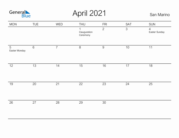 Printable April 2021 Calendar for San Marino