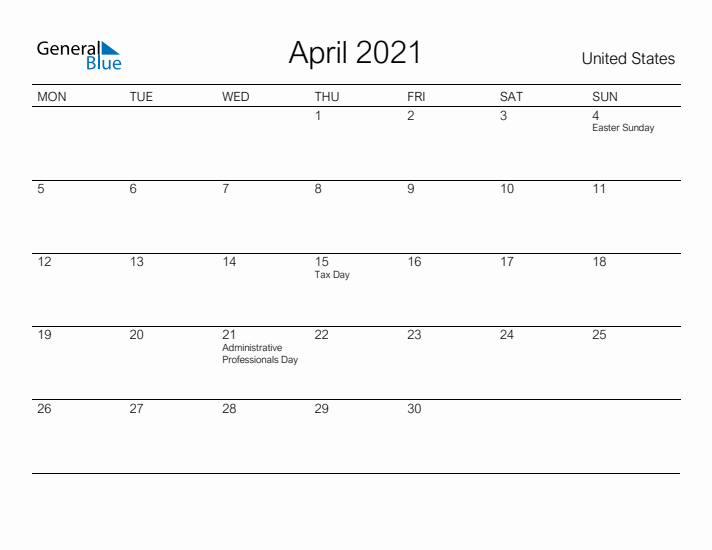 Printable April 2021 Calendar for United States