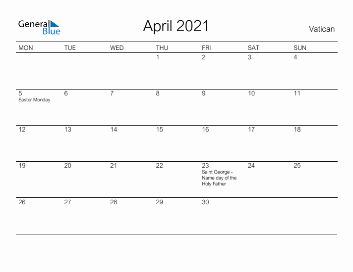 Printable April 2021 Calendar for Vatican