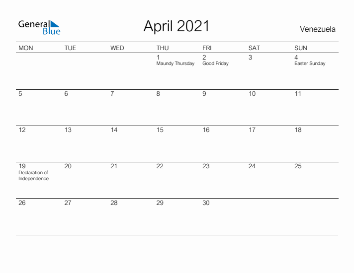 Printable April 2021 Calendar for Venezuela