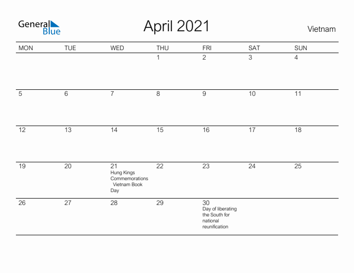 Printable April 2021 Calendar for Vietnam