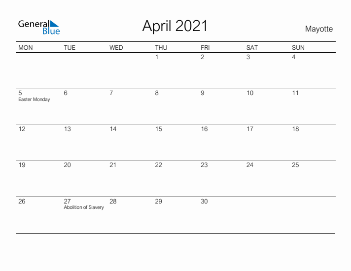 Printable April 2021 Calendar for Mayotte