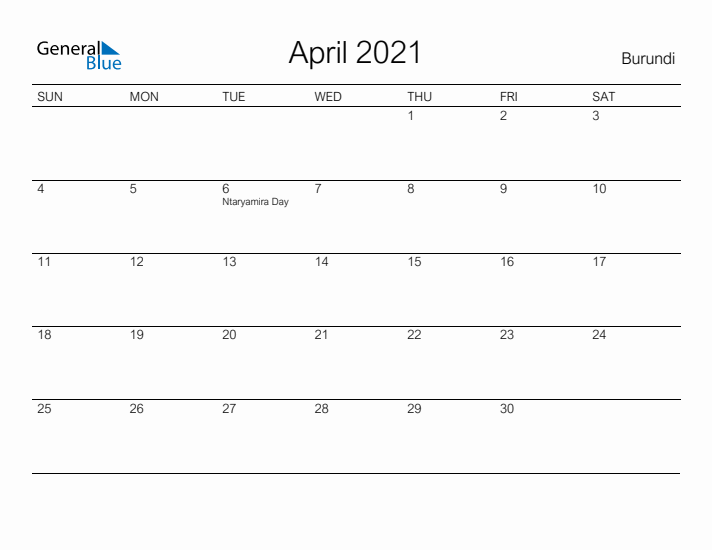 Printable April 2021 Calendar for Burundi