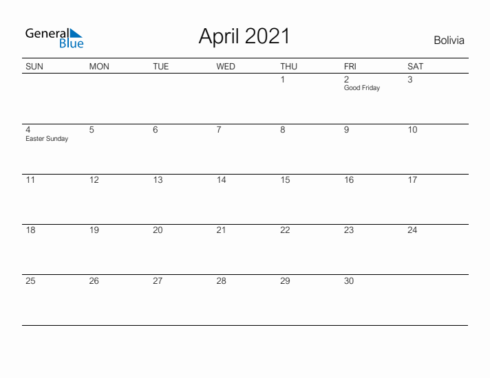 Printable April 2021 Calendar for Bolivia