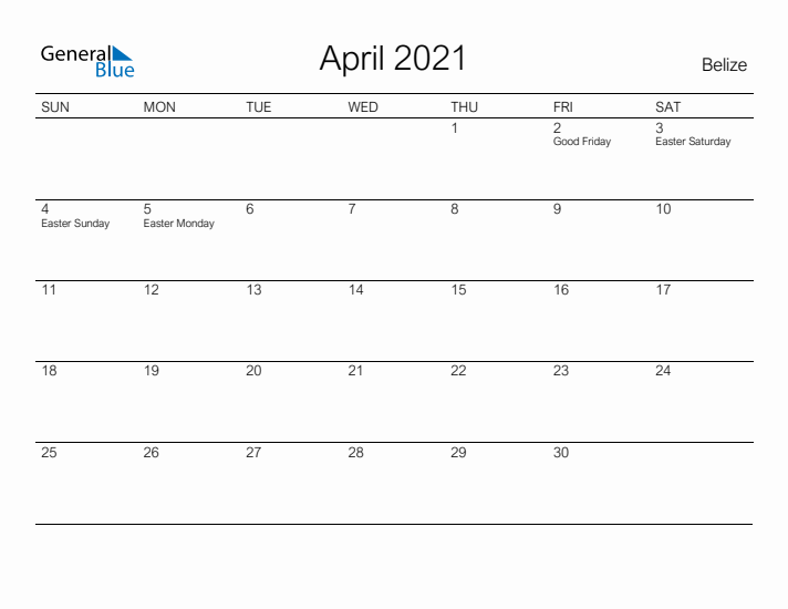 Printable April 2021 Calendar for Belize