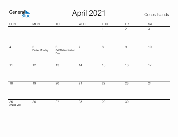 Printable April 2021 Calendar for Cocos Islands