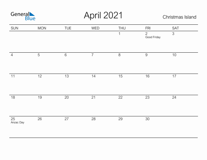 Printable April 2021 Calendar for Christmas Island