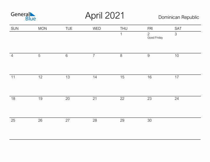 Printable April 2021 Calendar for Dominican Republic