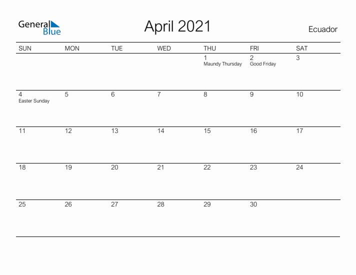 Printable April 2021 Calendar for Ecuador