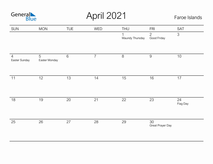 Printable April 2021 Calendar for Faroe Islands