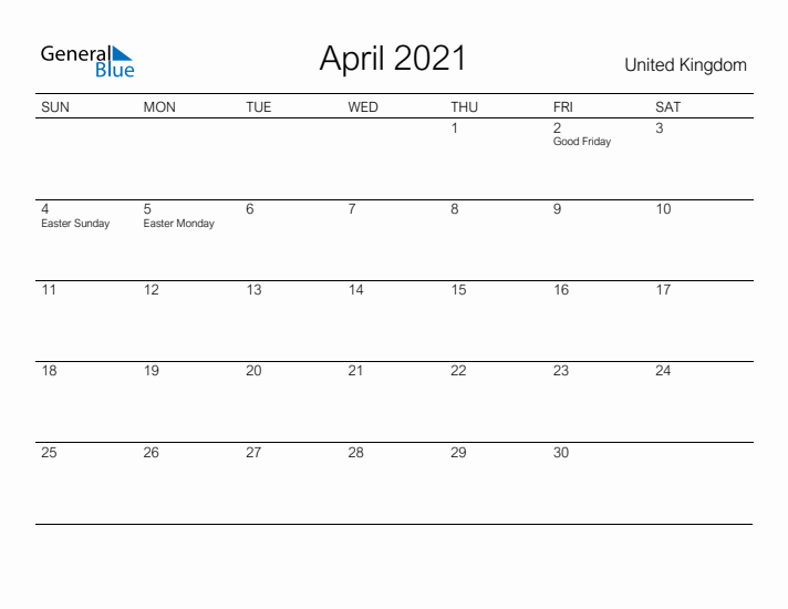 Printable April 2021 Calendar for United Kingdom