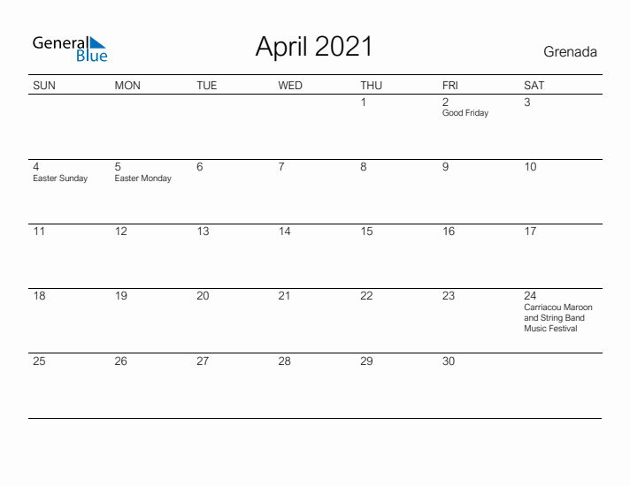 Printable April 2021 Calendar for Grenada