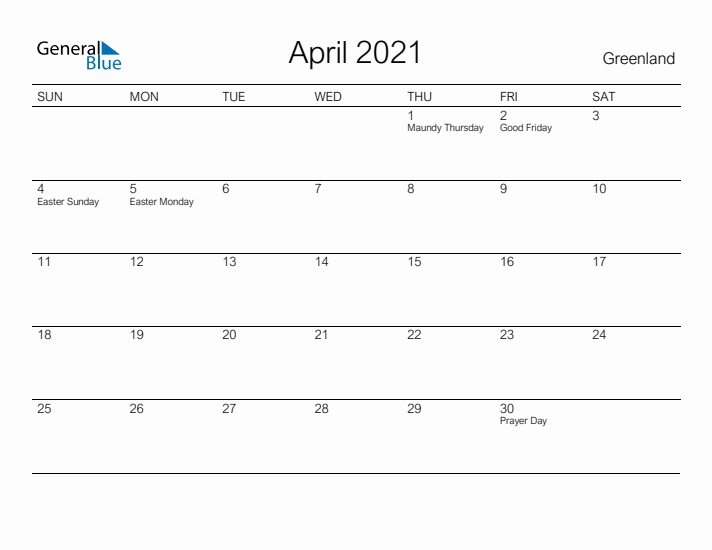 Printable April 2021 Calendar for Greenland