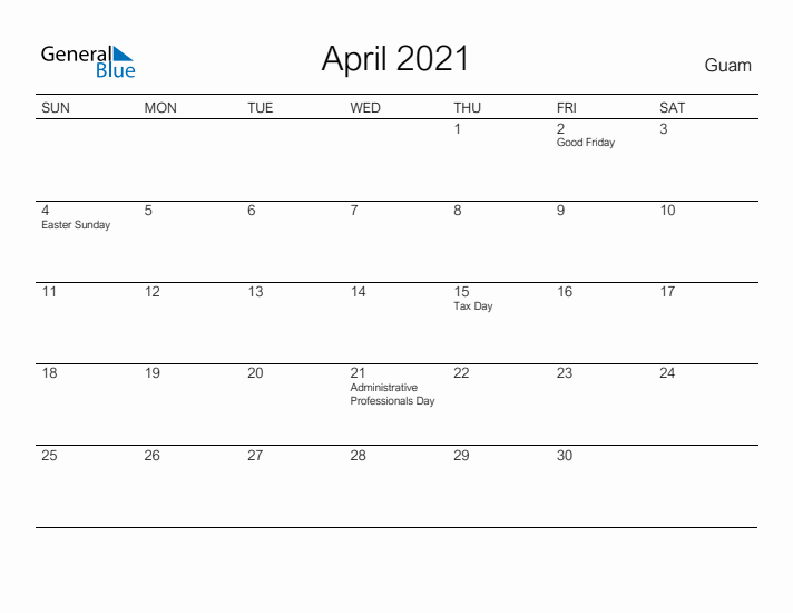 Printable April 2021 Calendar for Guam