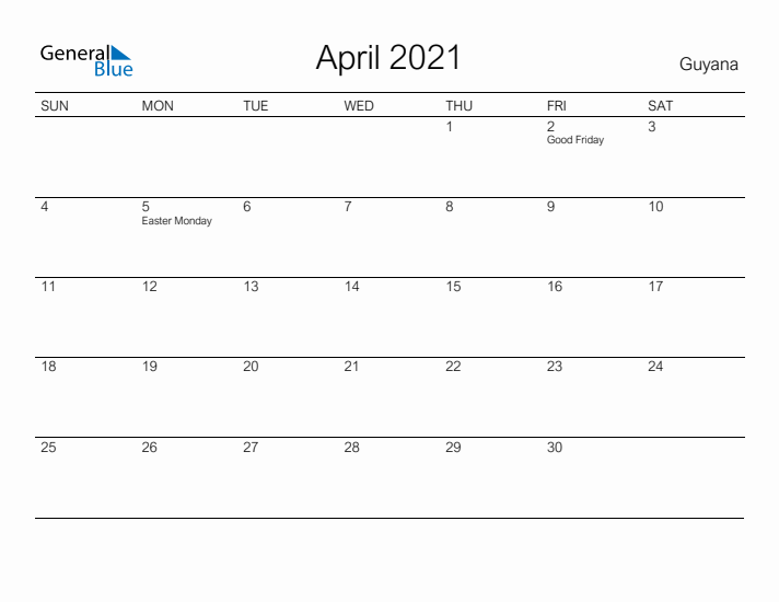 Printable April 2021 Calendar for Guyana