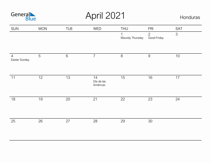 Printable April 2021 Calendar for Honduras