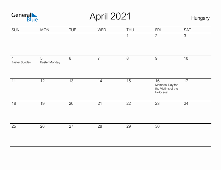 Printable April 2021 Calendar for Hungary