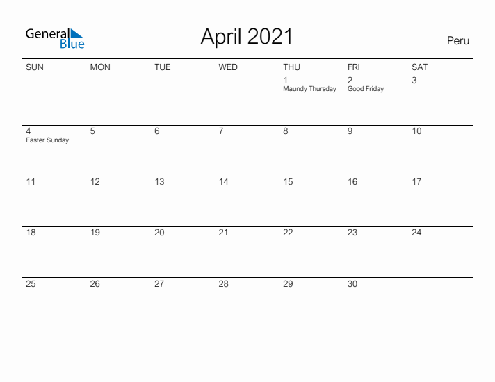 Printable April 2021 Calendar for Peru