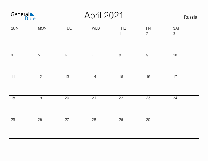 Printable April 2021 Calendar for Russia