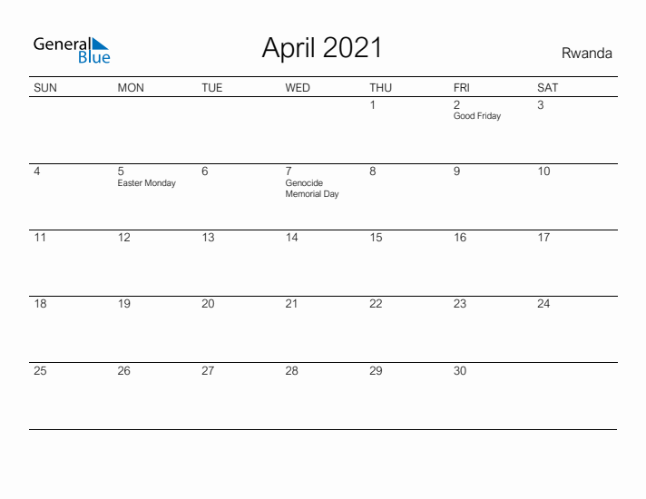 Printable April 2021 Calendar for Rwanda