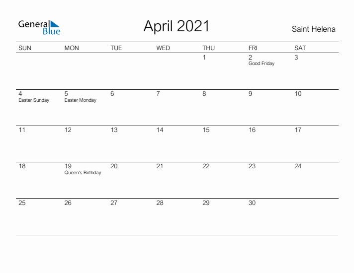 Printable April 2021 Calendar for Saint Helena