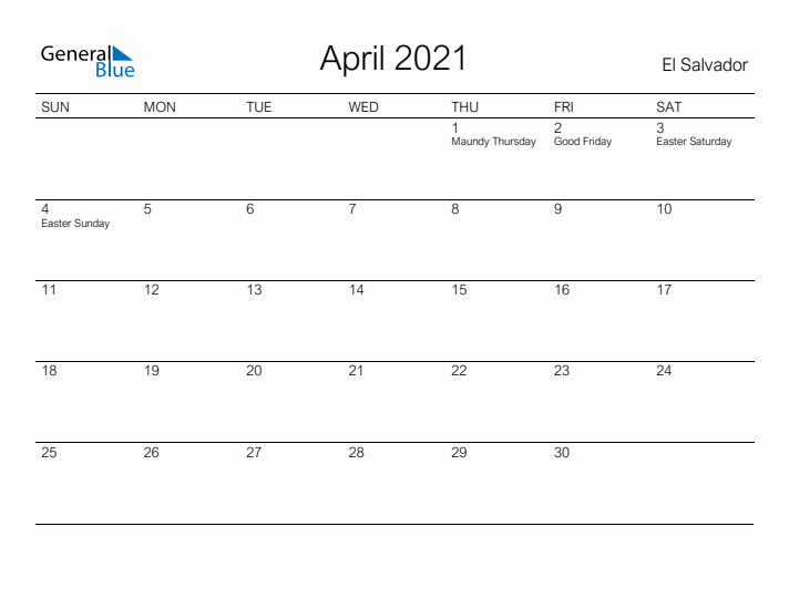 Printable April 2021 Calendar for El Salvador