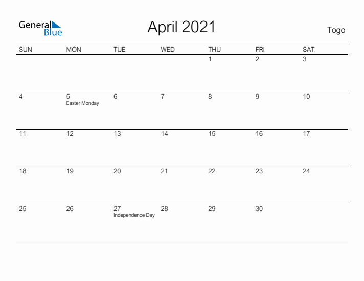 Printable April 2021 Calendar for Togo