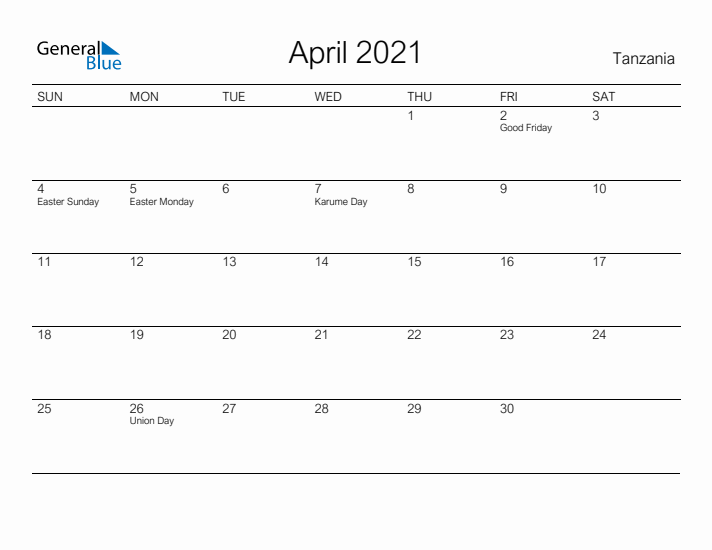 Printable April 2021 Calendar for Tanzania